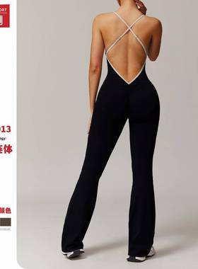 泽创裸感交叉美背瑜伽连体服缩褶微喇跑步运动健身喇叭连体衣3013