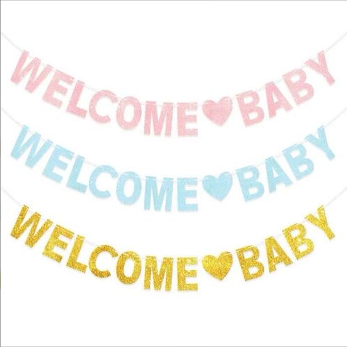 WELCOME BABY闪粉拉旗欢迎宝贝派对性别揭示装饰迎婴横幅宝宝布置