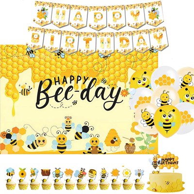 蜜蜂主题生日派对用品honeybee横幅拉旗蛋糕插旗气球背景布置套装