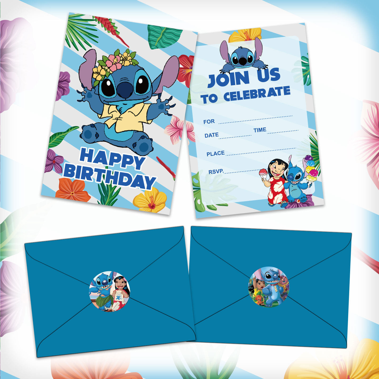 蓝粉史迪奇主题生日派对邀请卡信封函不干胶贴纸场景布置派对道具