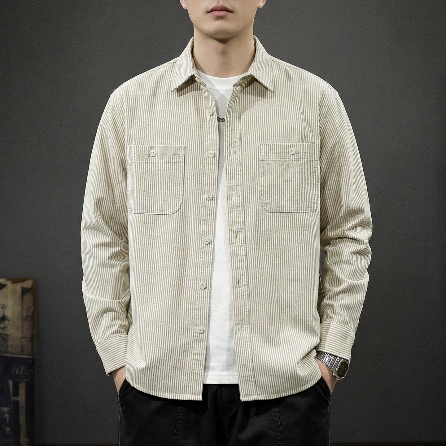 牛津纺条纹长袖男士衬衫2026春季新款美式通勤高级感纯棉衬衣外套