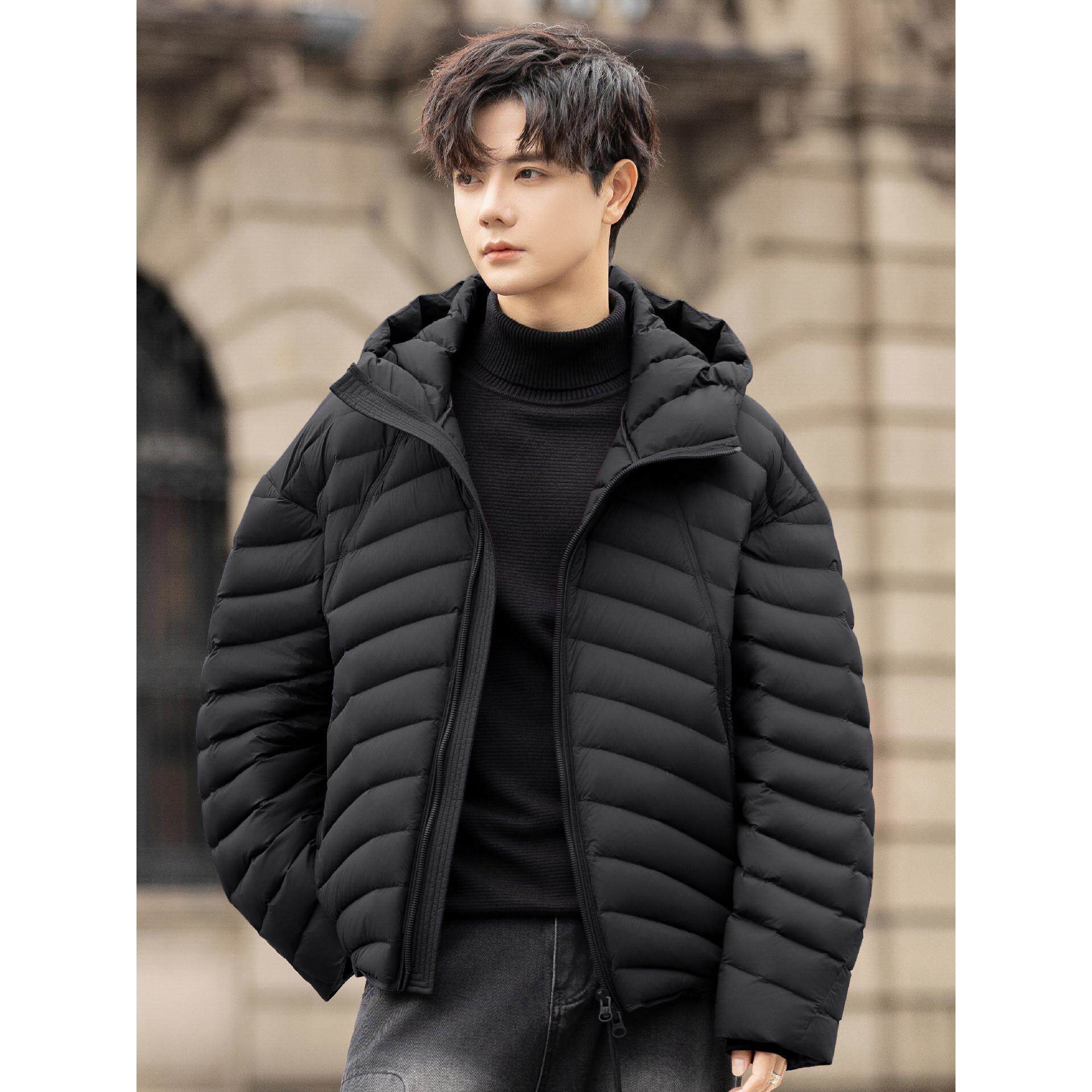 高充绒量男士2025新款冬季短款排骨感连帽羽绒服加厚保暖龟背外套