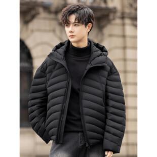 高充绒量男士2025新款冬季短款排骨感连帽羽绒服加厚保暖龟背外套