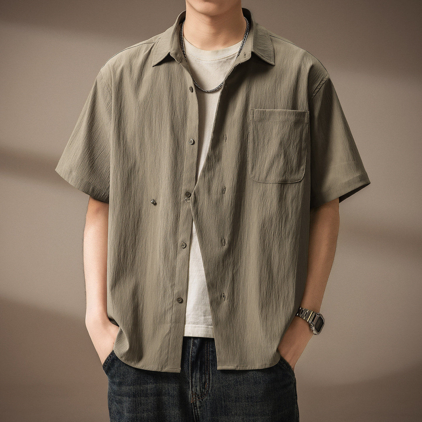 高端冰丝凉感纹理短袖衬衫男2026夏季新款通勤简约高级感休闲衬衣