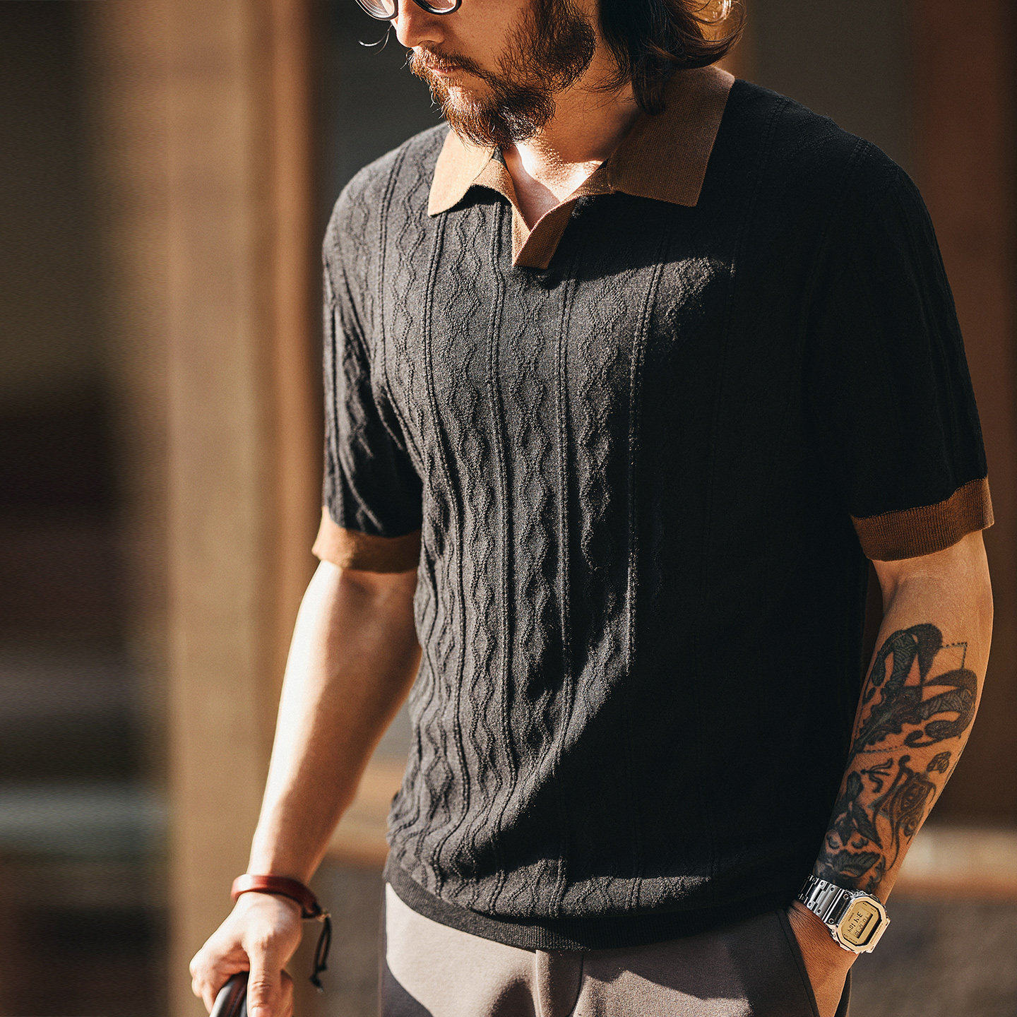 美式复古老钱风莱赛尔提花男士V领polo衫夏季针织短袖体恤