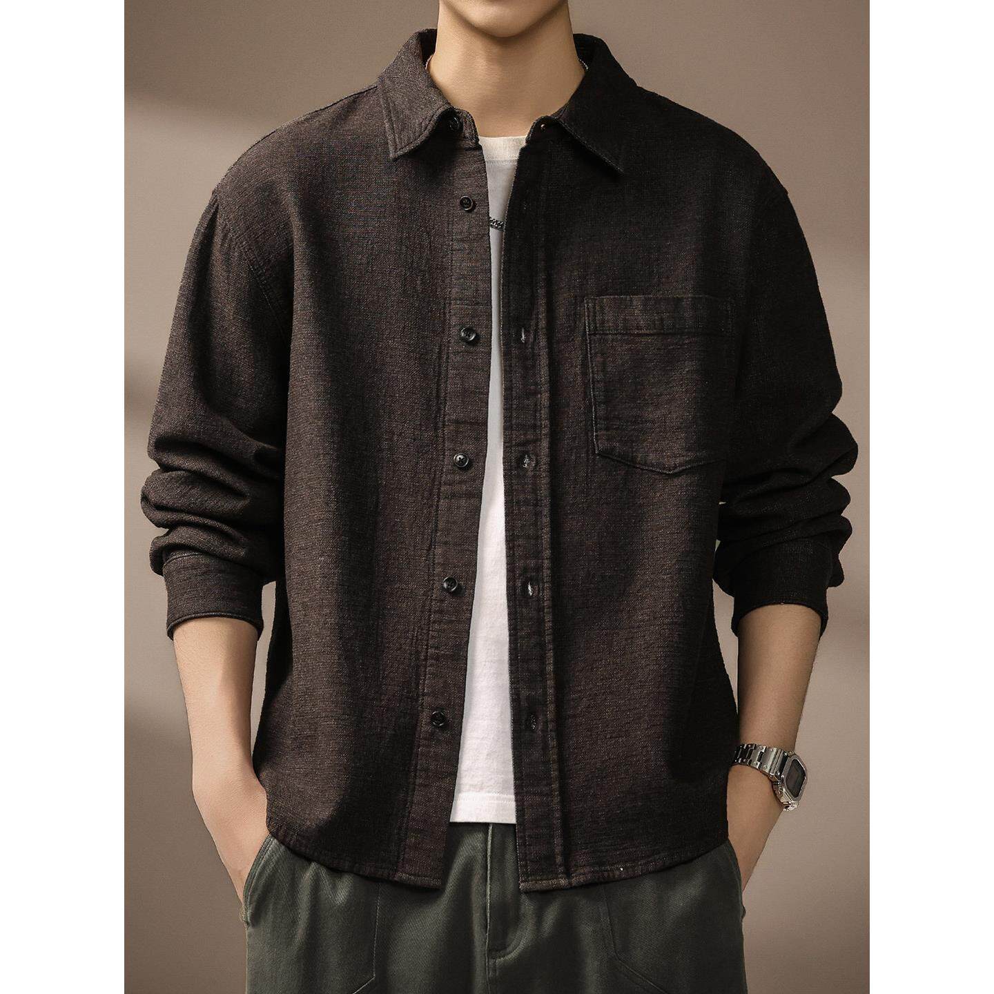 高端老钱风麻肌理长袖衬衫男士春秋新款宽松纯棉高级感衬衣外套