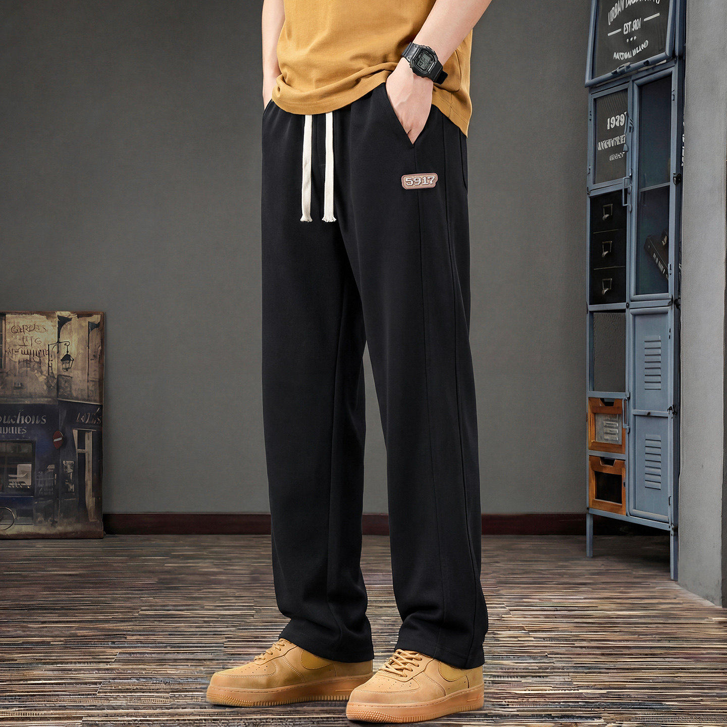 高端美式复古休闲裤男春季新款宽松直筒运动裤潮牌大码黑色长裤子