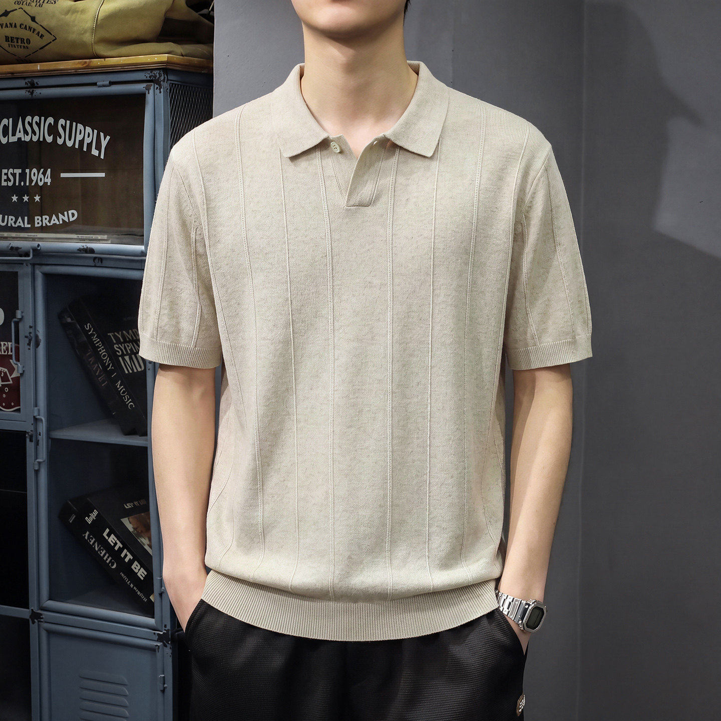 莱赛尔亚麻短袖Polo衫男夏季薄款老钱风竖坑条翻领T恤半袖针织衫