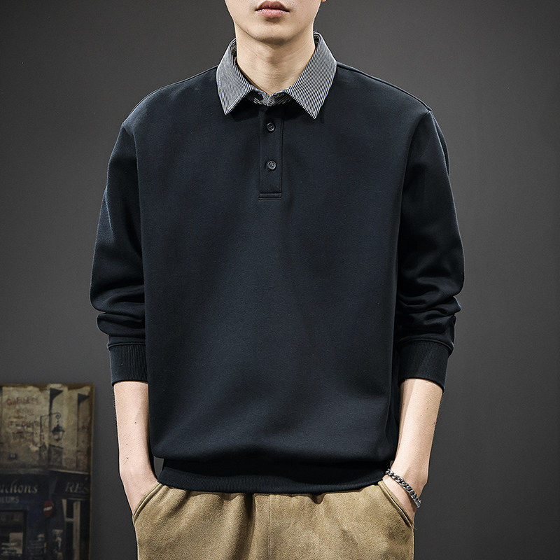 黑色假两件条纹衬衣领卫衣男2026春秋新款重磅上衣长袖翻领polo衫