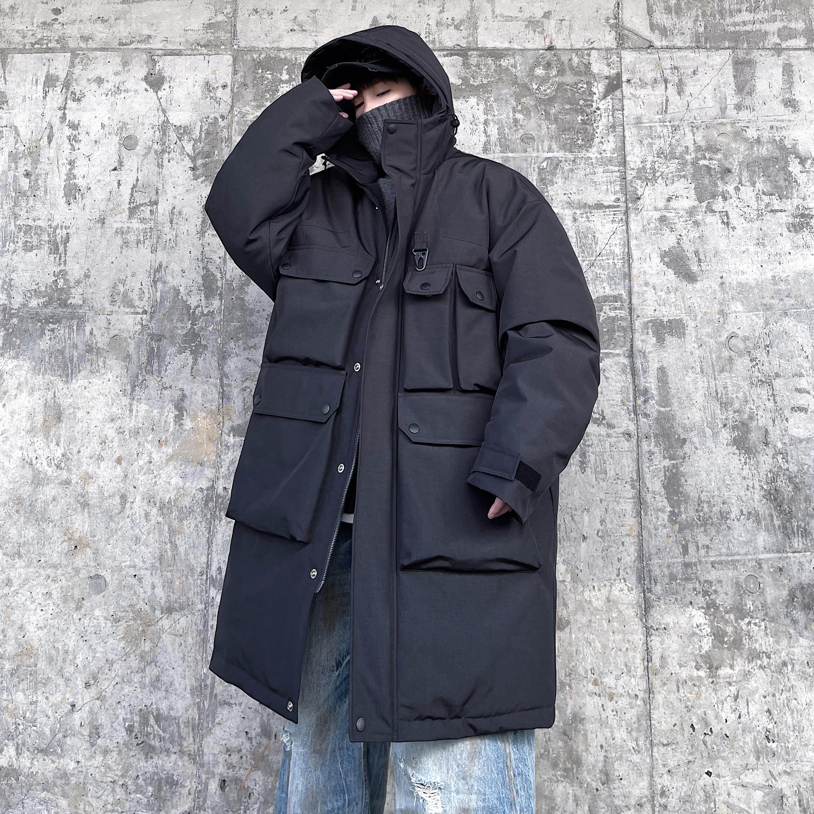 大码男装连帽中长款羽绒服男加肥加大号防寒加厚保暖工装大衣外套