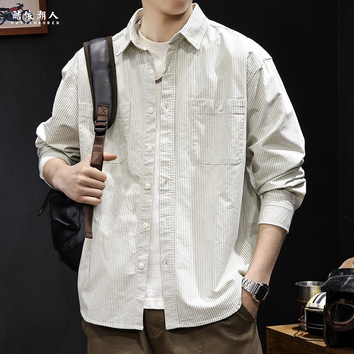 条纹美式衬衫男长袖春季2026新款休闲衣服潮流百搭高级感大码春秋