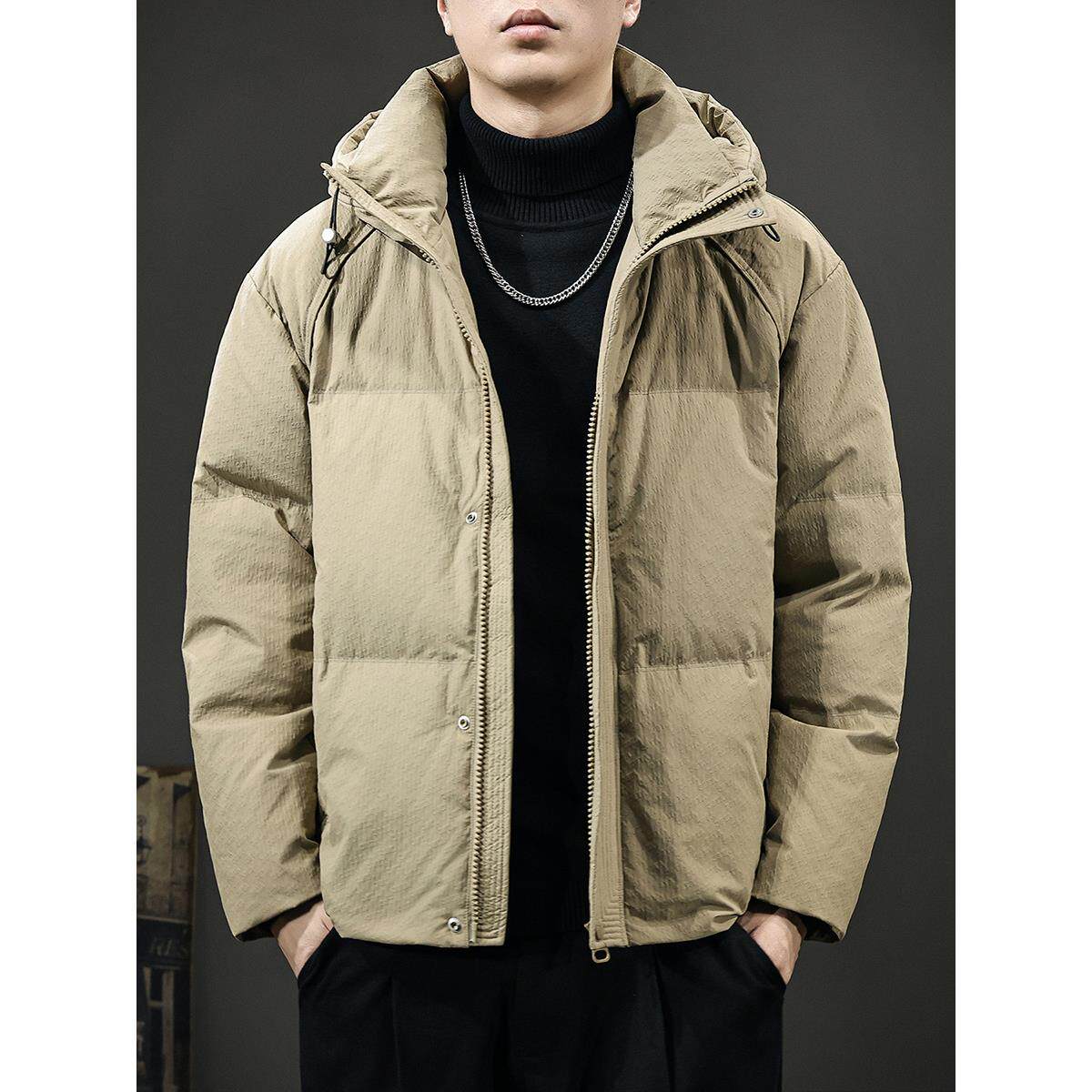 冬季新款防风保暖连帽羽绒服男轻奢休闲短款面包服男士白鸭绒外套