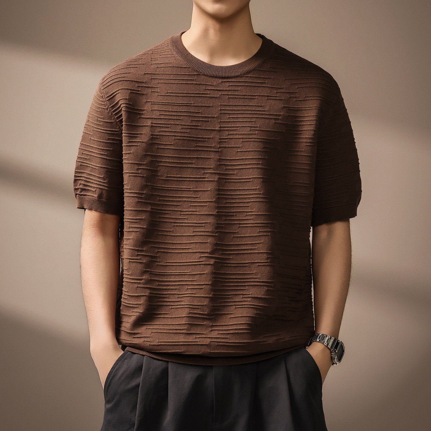 高端重磅条纹短袖针织T恤男夏季新款宽松肌理感体恤潮流圆领上衣