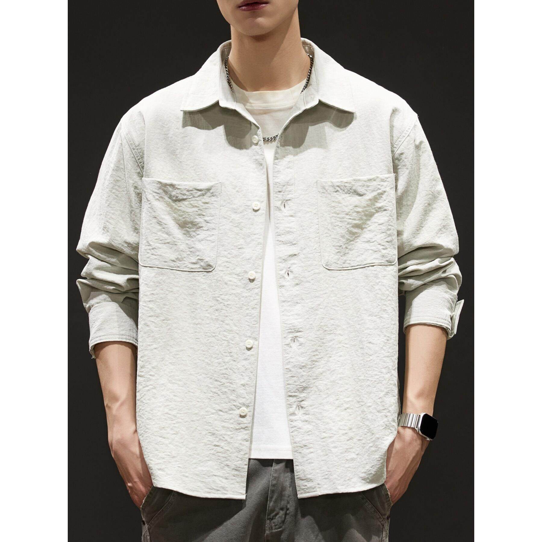 羊毛混纺天丝垂顺抗皱长袖衬衫男士2026春季新款美式工装衬衣外套