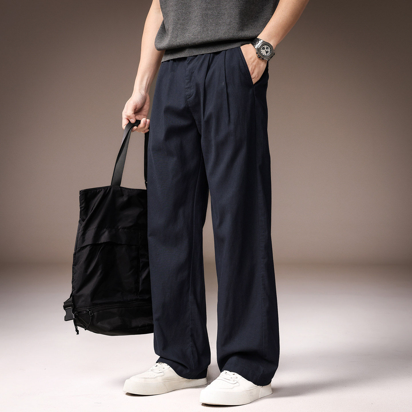 高端美式复古慵懒风棉麻直筒裤男春夏薄款褶裥设计感宽松休闲长裤