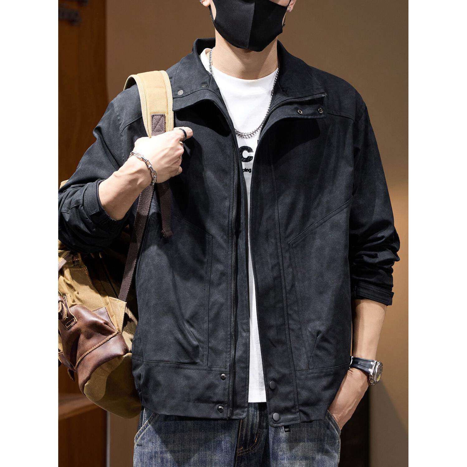 美拉德扎染美式复古薄款外套男2025春季新款男士宽松工装立领夹克