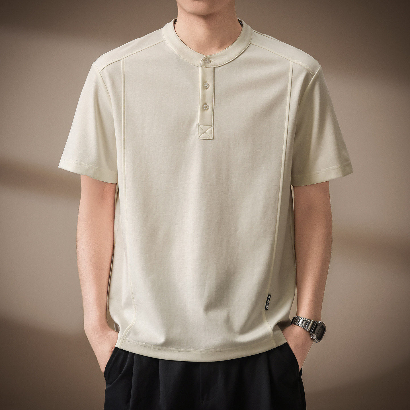 高端亨利领短袖Polo衫男夏季新款美式重磅立领T恤衫通勤五分半袖