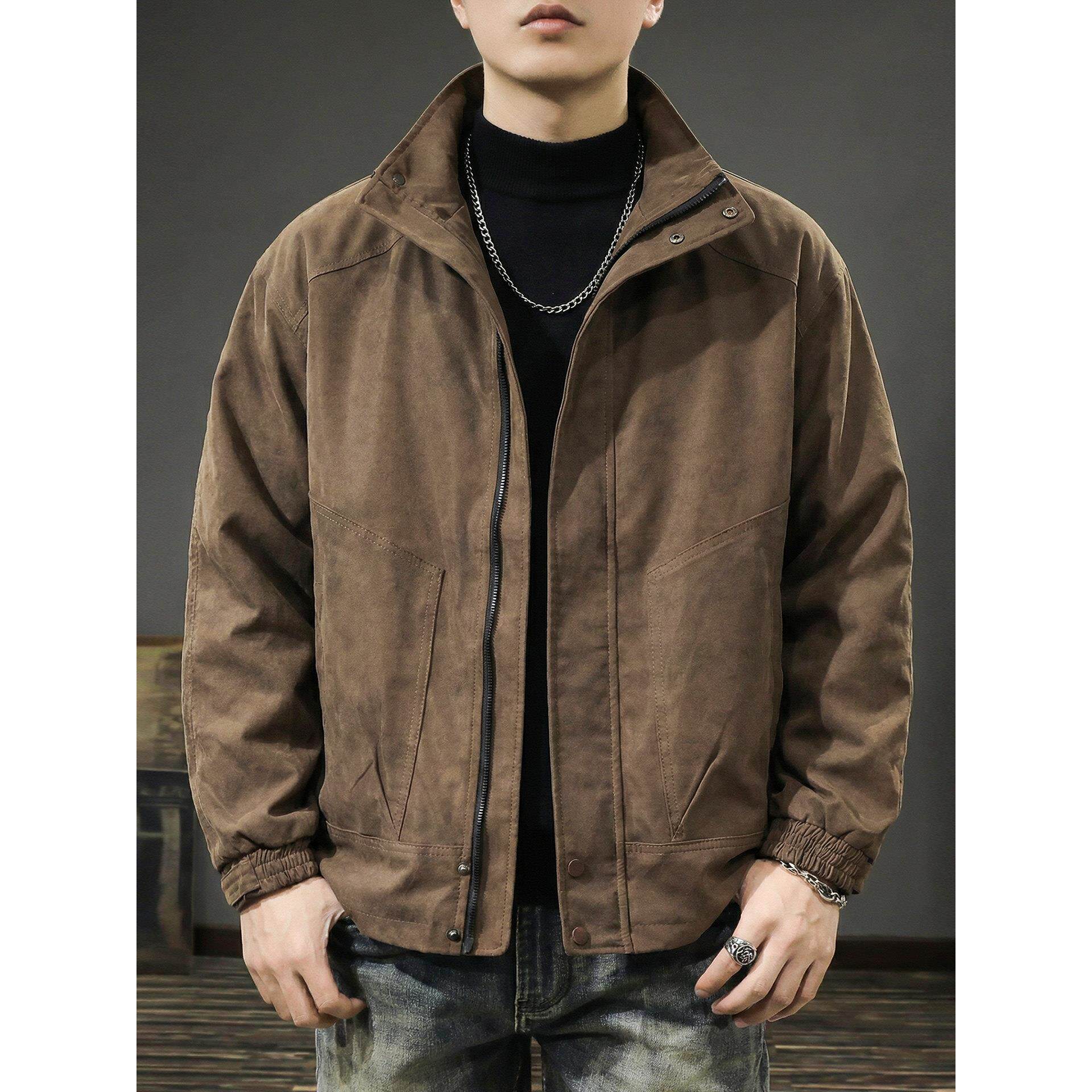 春季新款复古咖色夹克男春秋2026重磅美式扎染上衣立领工装外套潮