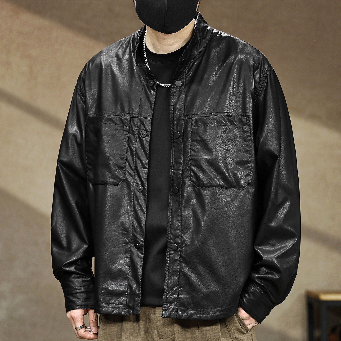2026春季新款复古PU皮衣衬衫外套男痞帅宽松长袖立领男士皮夹克潮