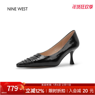 奥莱专供Nine West/玖熙浅口尖头褶皱高跟鞋细跟通勤单鞋漆皮女鞋