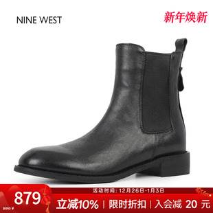 奥莱专供Nine 玖熙英伦风复古圆头弹力切尔西女靴粗跟短靴冬 West