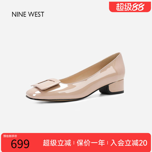 玖熙通勤方扣粗跟漆皮浅口单鞋