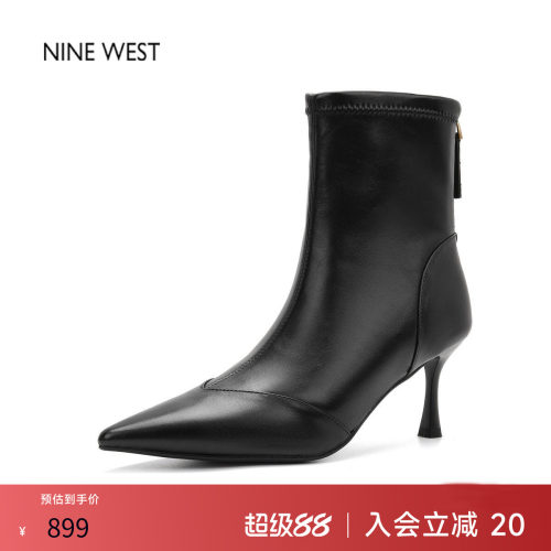 奥莱专供Nine West/玖熙法式黑色尖头细跟女靴秋冬高跟气质女靴