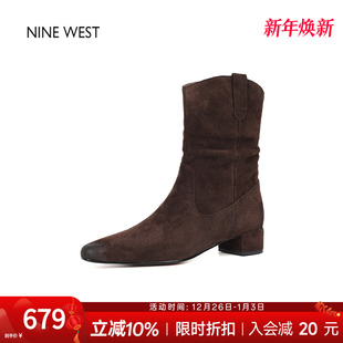靴子 玖熙复古尖头中筒靴西部靴冬高跟短靴女款 奥莱专供Nine West