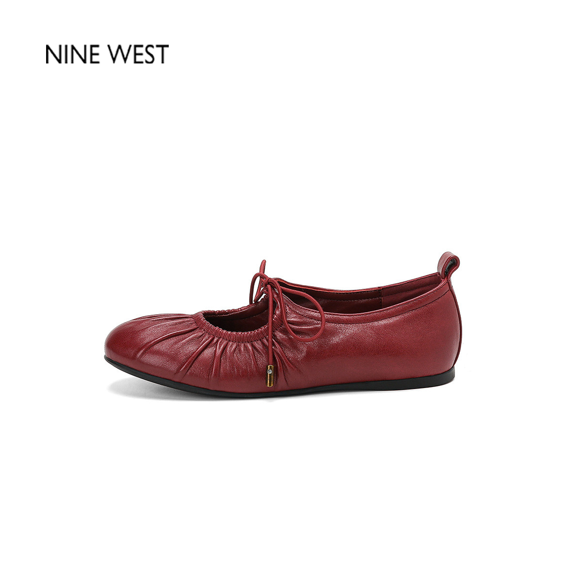 Nine West/玖熙2025年新款真皮褶皱绑带芭蕾鞋圆头浅口平底玛丽珍