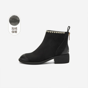 靴通勤女靴子 玖熙加绒短靴女圆头粗跟刺绣时装 奥莱专供Nine West