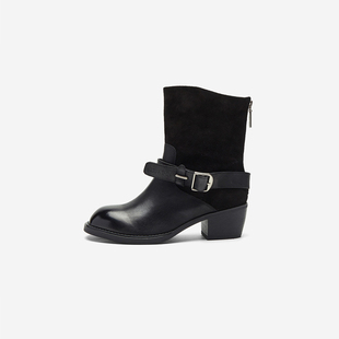 奥莱专供Nine West/玖熙2025年绒里短靴女皮带方扣高跟粗跟时装靴