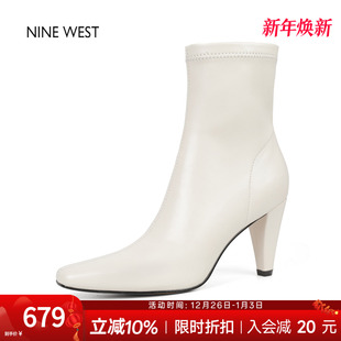 复古方头弹力瘦瘦靴高跟短靴粗跟靴子 玖熙法式 奥莱专供Nine West