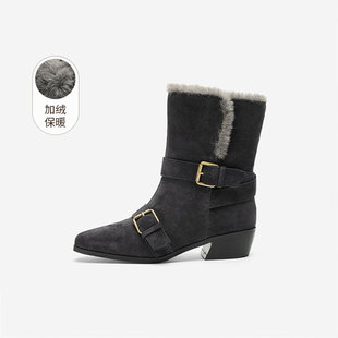 靴女皮带方扣保暖短靴中跟女靴子 玖熙加绒时装 奥莱专供Nine West