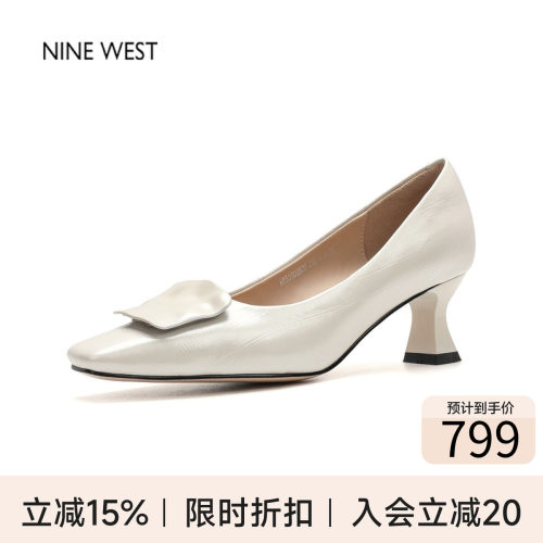 玖熙真皮方头粗跟浅口高跟单鞋