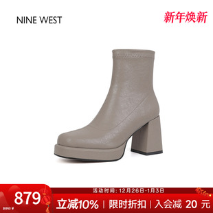 奥莱专供Nine 玖熙复古马丁靴方头防水台厚底烟筒靴粗跟短靴 West