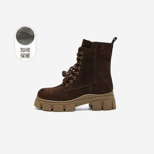 奥莱专供Nine 玖熙加绒马丁靴女珠串流苏牛反绒厚底增高短靴 West