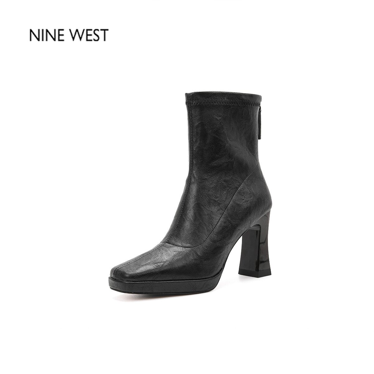 奥莱专供Nine West/玖熙复古黑色高跟靴厚底粗方头百搭时装女皮靴图片