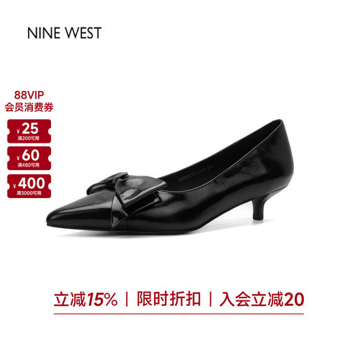 玖熙真皮尖头猫跟蝴蝶结浅口单鞋