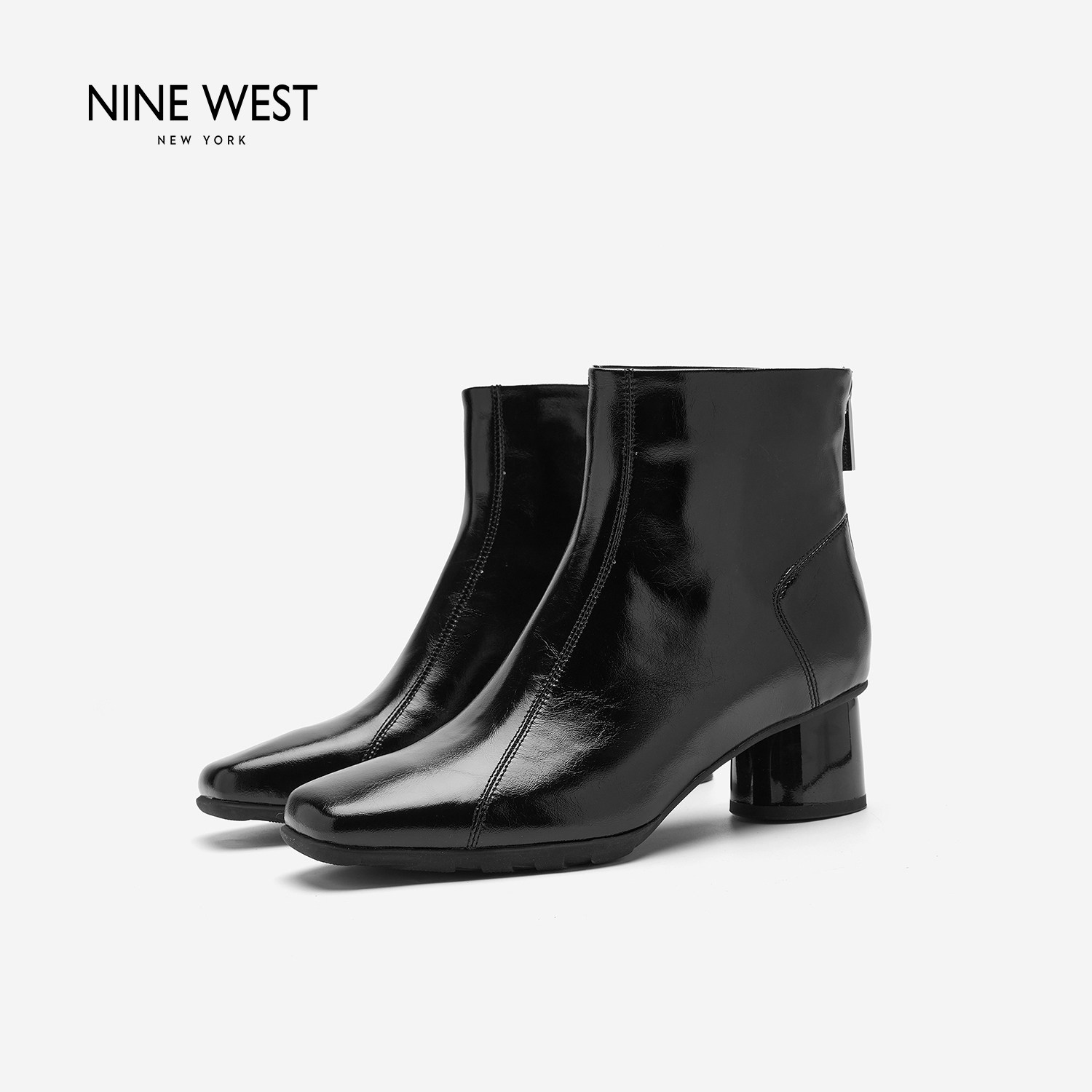 Nine West/玖熙复古风方头粗跟短靴女秋冬油蜡羊皮通勤百搭时装靴