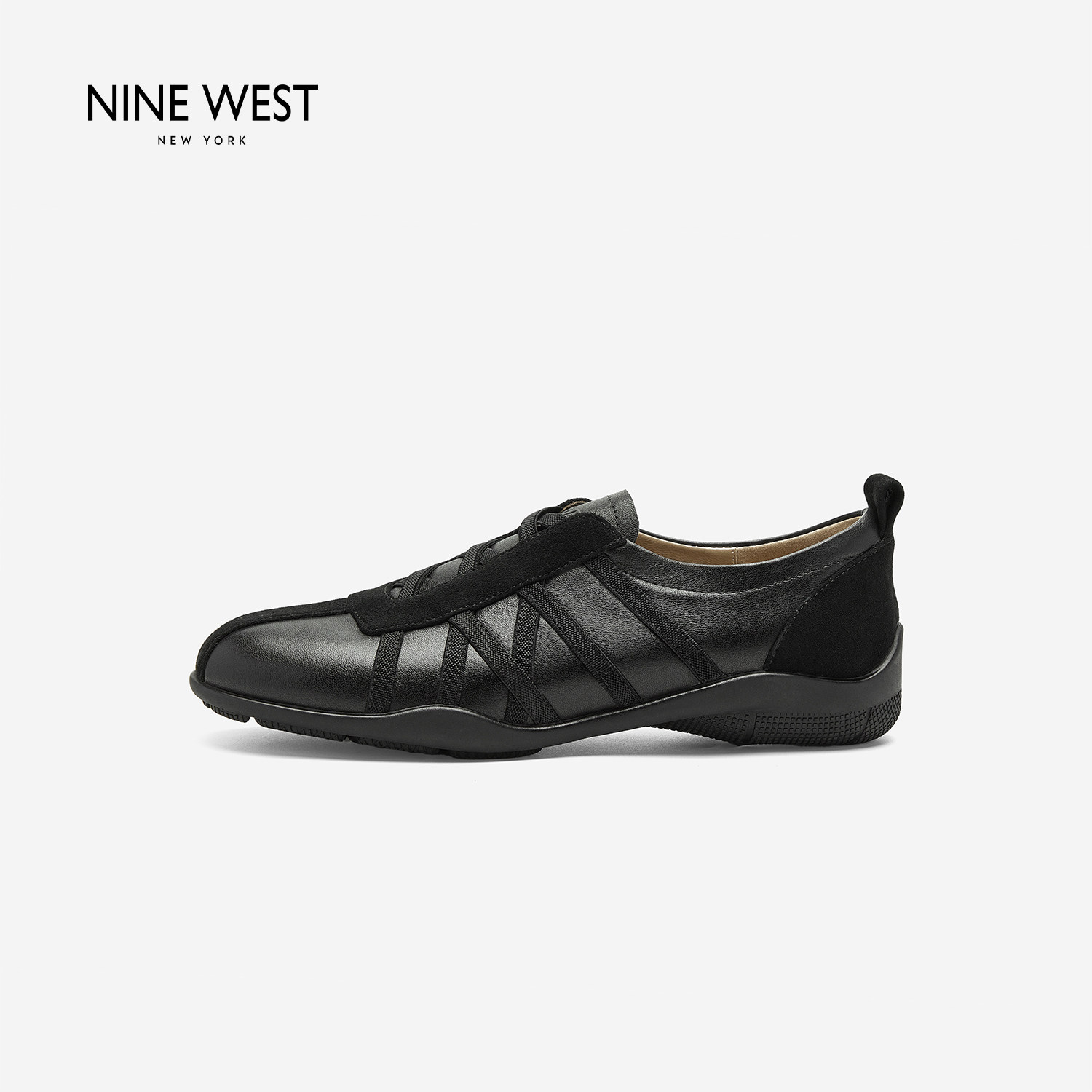 Nine West/玖熙羊反绒拼接德训鞋女百搭简约通勤休闲鞋交叉绑带