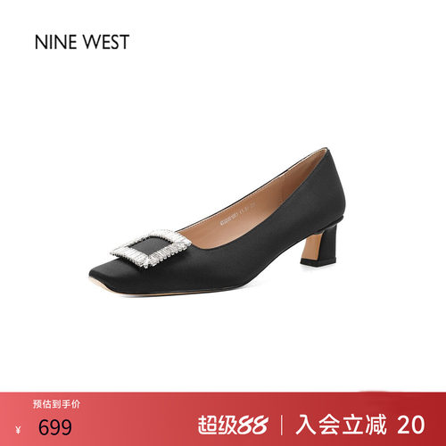 2026新款黑色绸缎方头粗跟女鞋