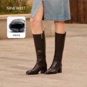 Nine West 玖熙粗跟长筒靴女2025秋冬高跟真皮骑士靴黑色加绒长靴