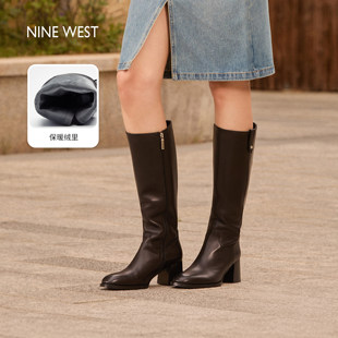 Nine 玖熙粗跟长筒靴女2025秋冬高跟真皮骑士靴黑色加绒长靴 West