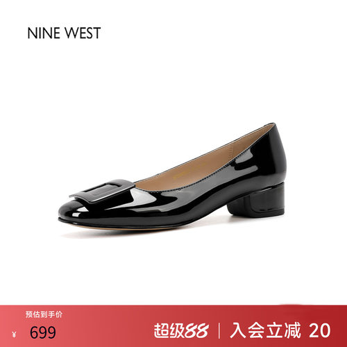 玖熙漆皮亮面尖头粗跟浅口单鞋