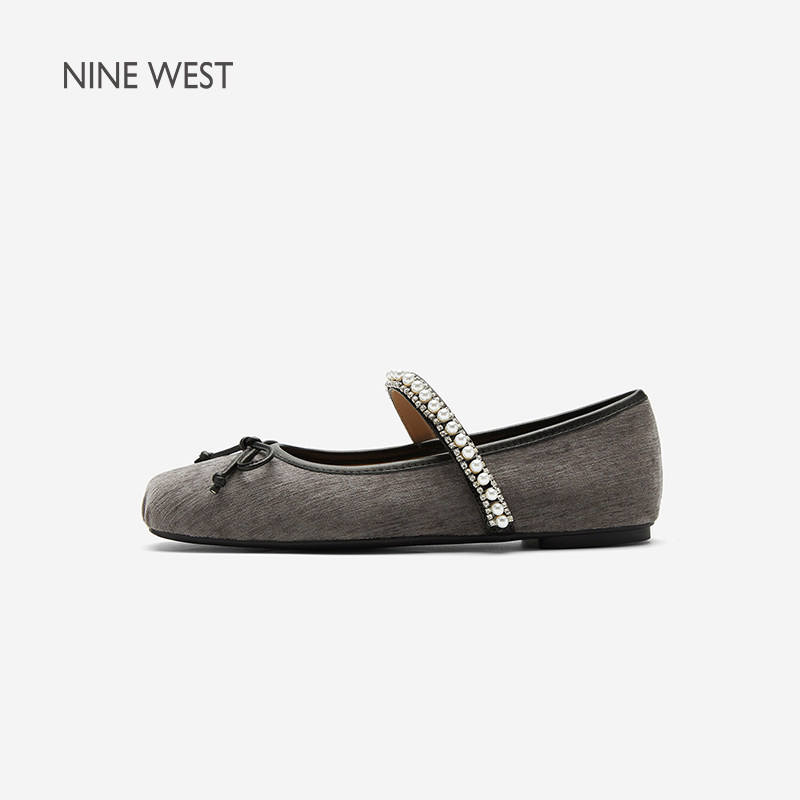 Nine West/玖熙法式复古珍珠玛丽珍鞋女蝴蝶结芭蕾舞鞋平底单鞋