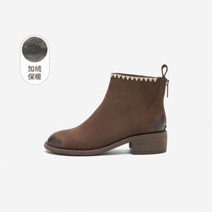 靴通勤女靴子 玖熙加绒短靴女圆头粗跟刺绣时装 奥莱专供Nine West