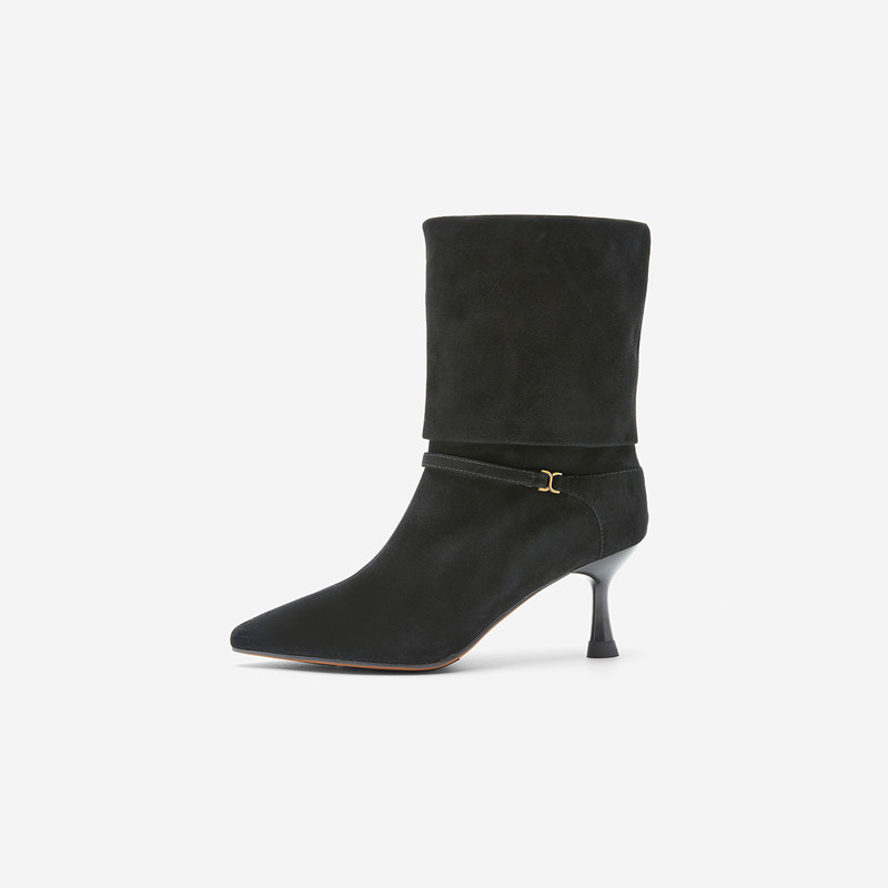 奥莱专供Nine West/玖熙2025时尚中筒靴尖头折叠筒细跟高跟时装靴