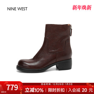 奥莱专供Nine 玖熙英伦风复古厚底烟筒靴粗跟短靴气质靴子女 West