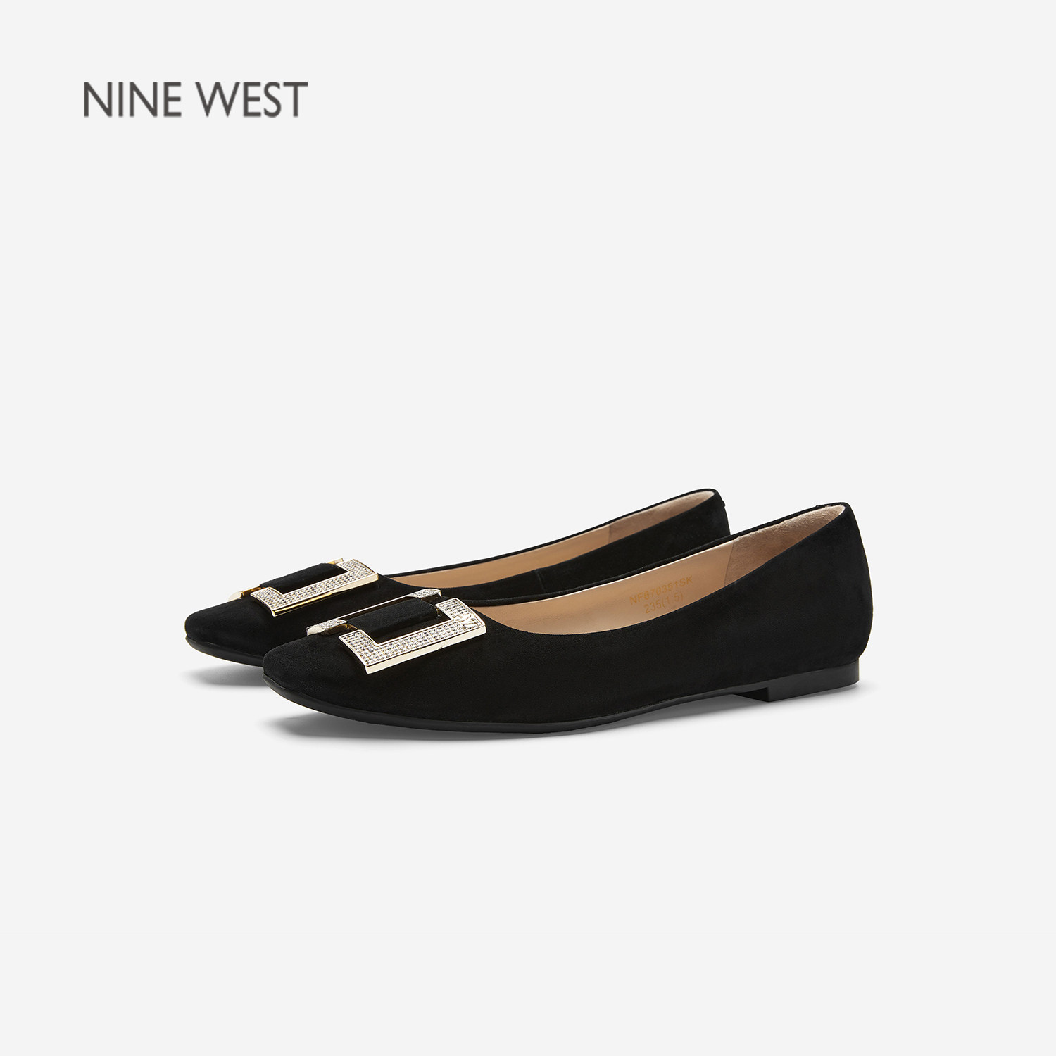 Nine West/玖熙通勤风方扣水钻浅口单鞋女绒面低跟百搭女鞋一脚蹬