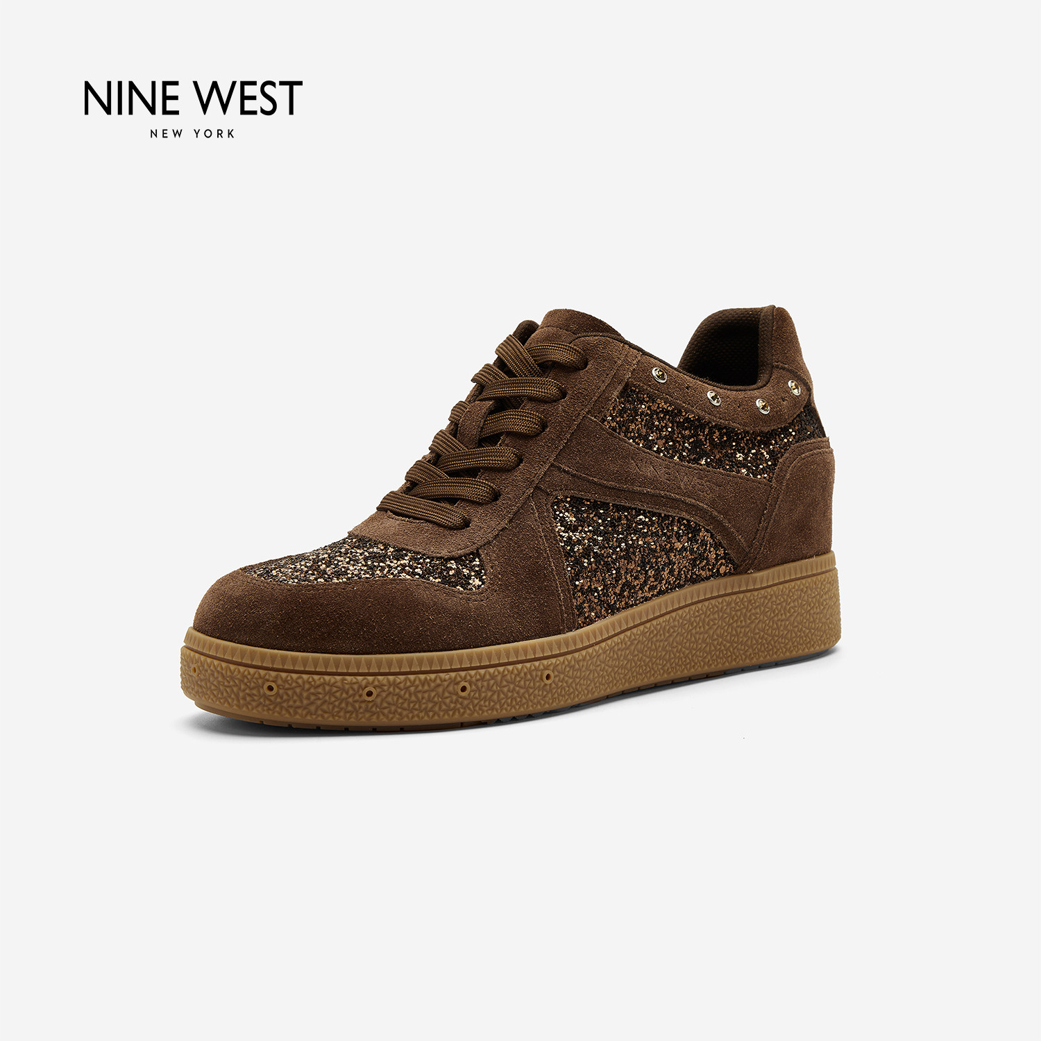 Nine West/玖熙复古板鞋女德训风拼色亮片内增高厚底运动休闲鞋